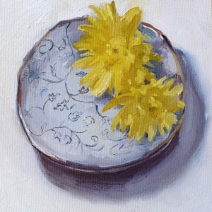 Yellow Flowers on Blue Plate painting by Yolanda Whitehead